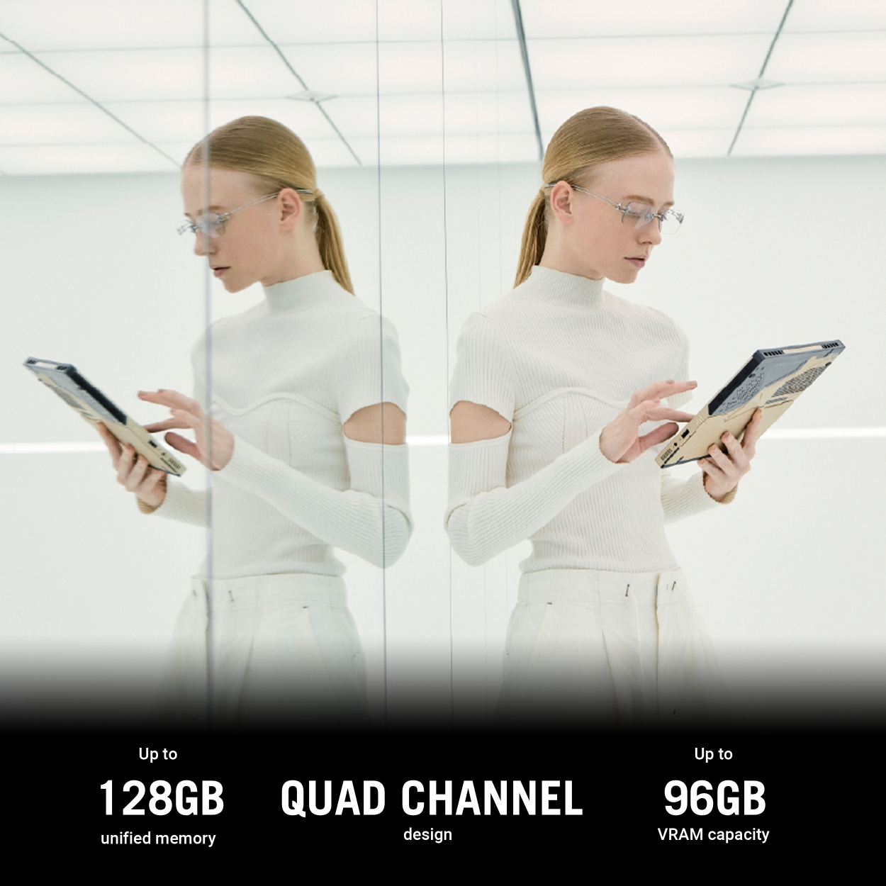 Frau in weiß mit Tablet im Spiegelraum, Text über Speicher und Design.