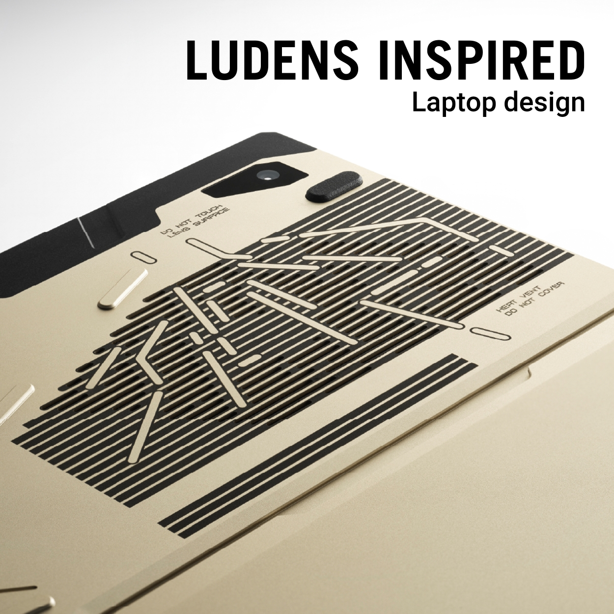 Lüfteroberfläche eines goldfarbenen Laptops mit schwarzen Linien und Text.