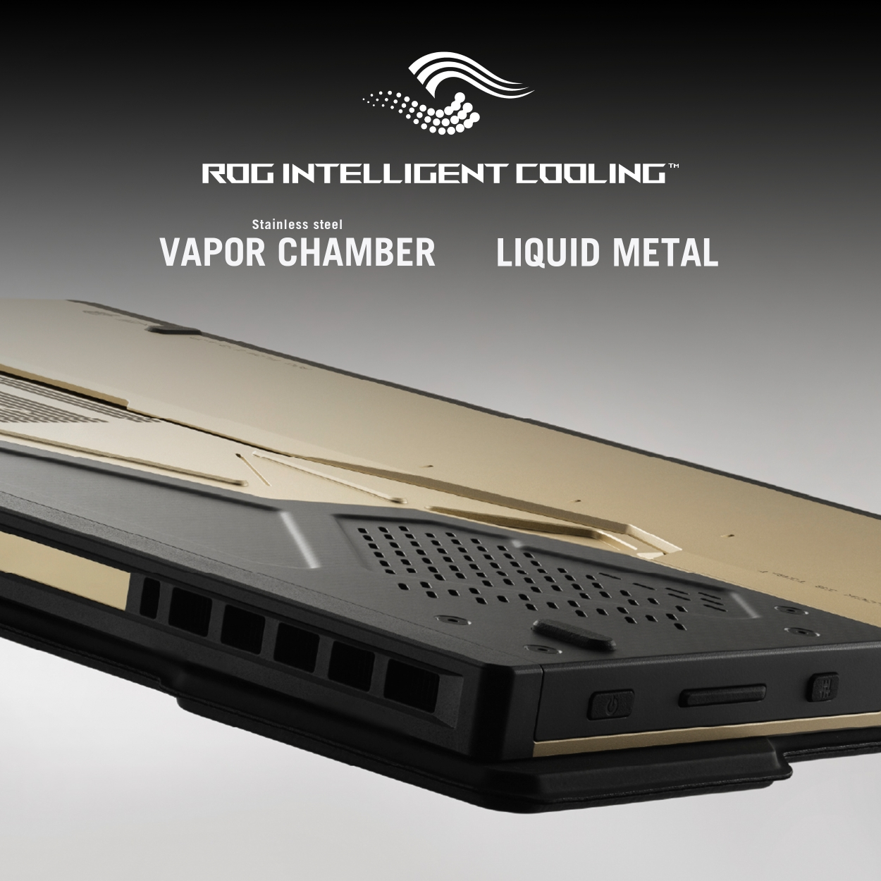 Nahaufnahme des Laptops, ROG Intelligent Cooling, Vapor Chamber, Liquid Metal.