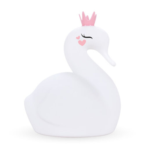 Biała lampa w kształcie łabędzia z różową koroną i sercami na twarzy.
