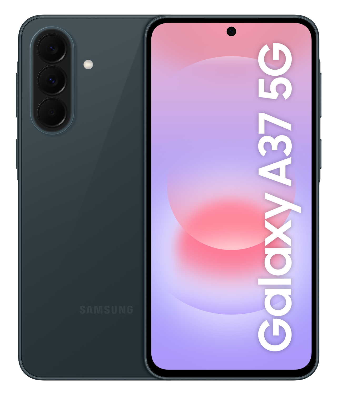 Ciemnozielony smartfon Samsung Galaxy A37 5G, widok z przodu i tyłu.