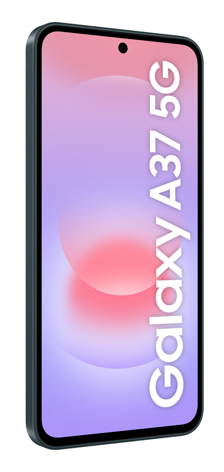 Ciemnoszary smartfon wyświetla napis 'Galaxy A37 5G' na ekranie z gradientem różowym i fioletowym.