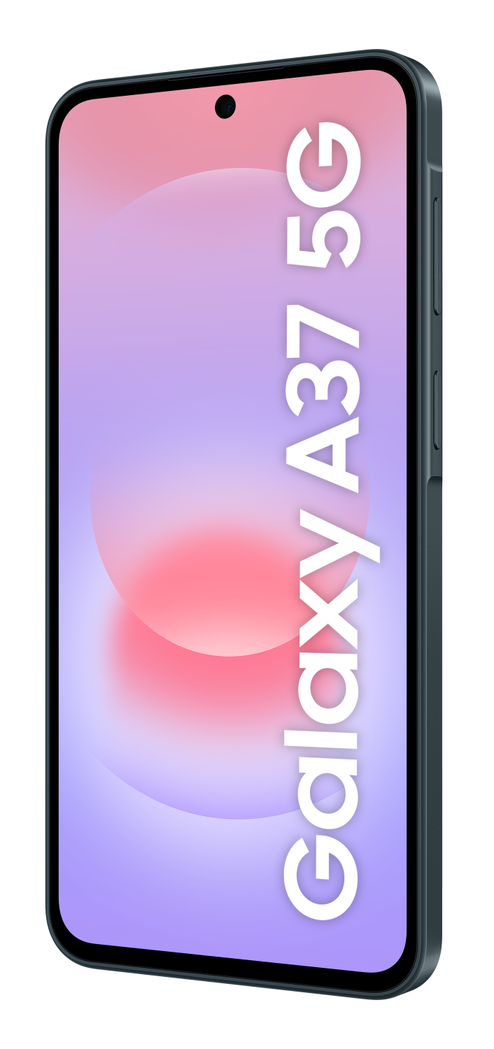 Ciemnoszary smartfon z napisem Galaxy A37 5G na fioletowo-różowym tle.