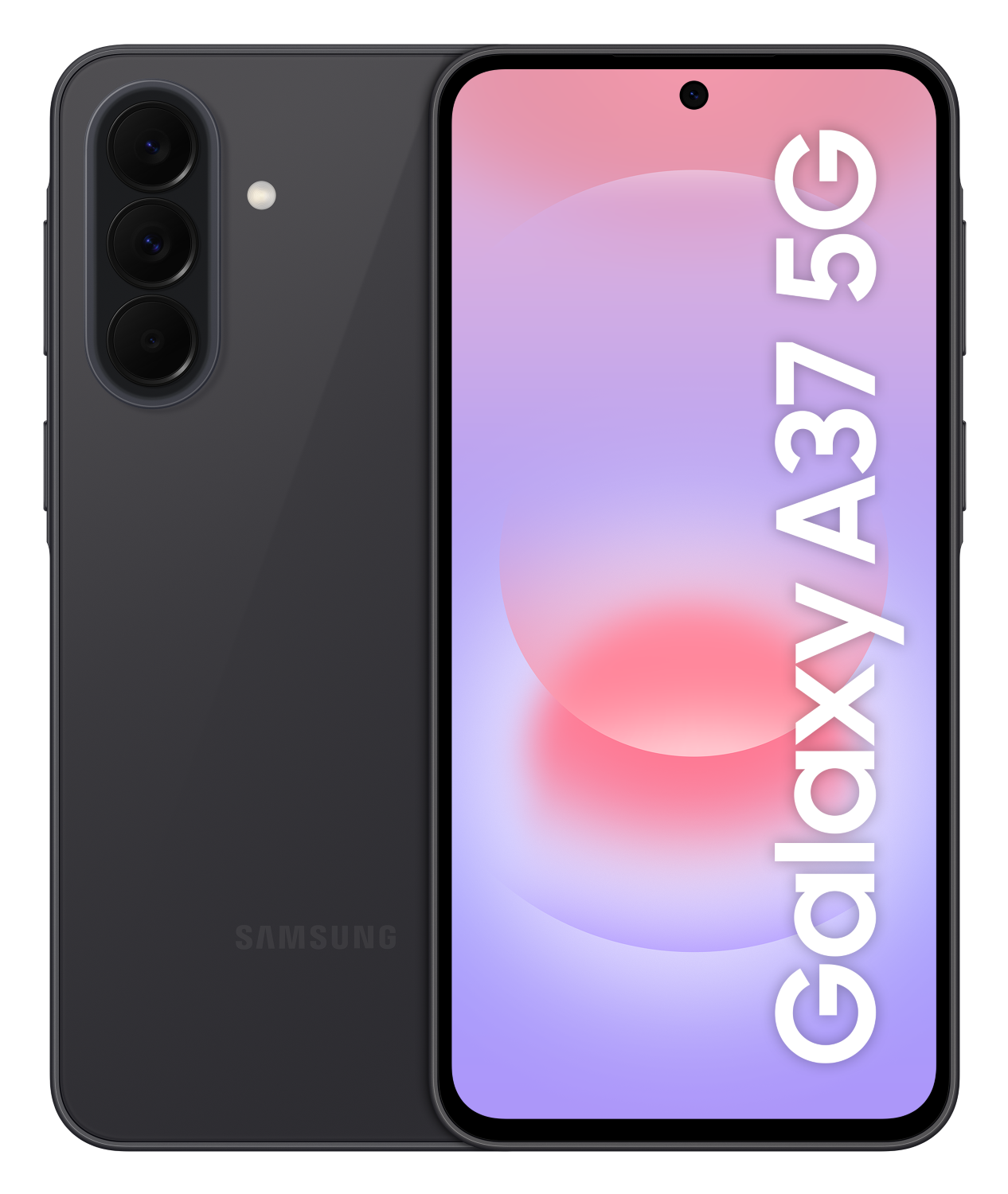 Ciemnoszary smartfon Samsung Galaxy A37 5G z trzema aparatami.