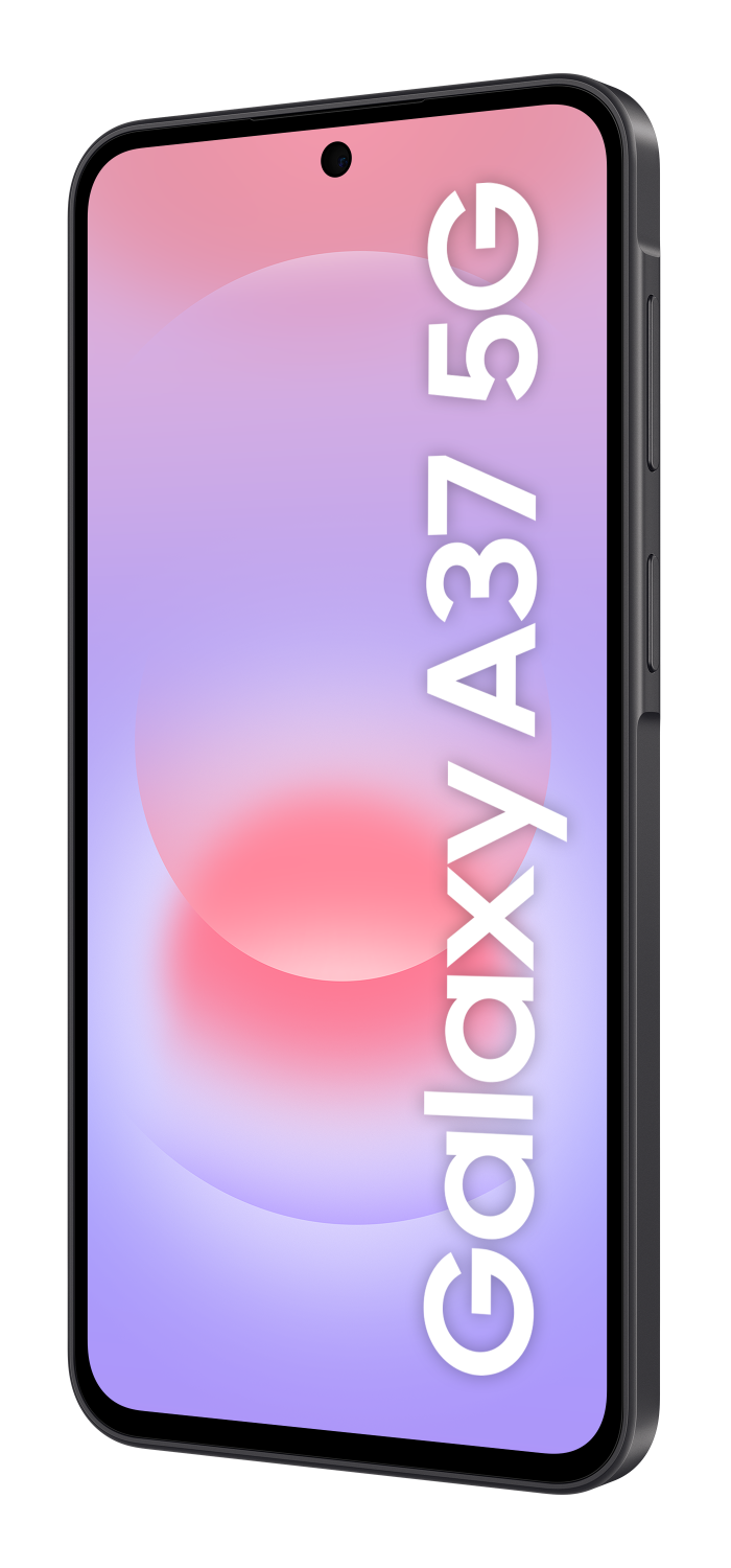 Smartfon wyświetlający "Galaxy A37 5G" na ekranie.