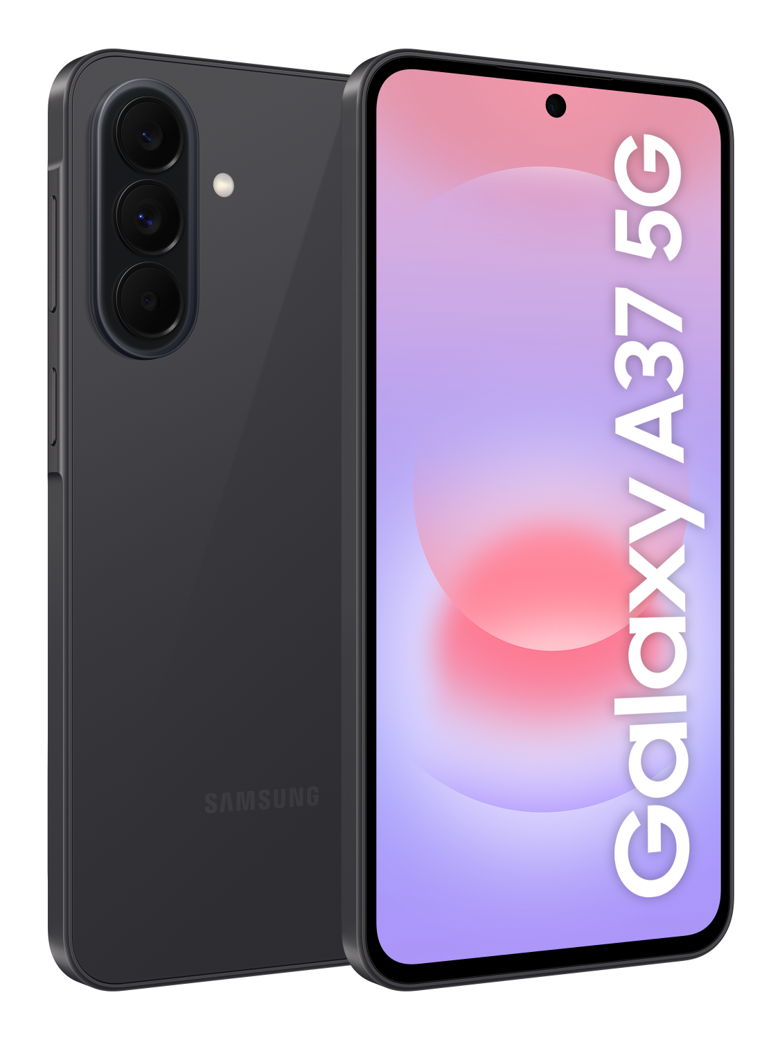 Ciemny smartfon Samsung Galaxy A37 5G, pokazany od przodu i tyłu.