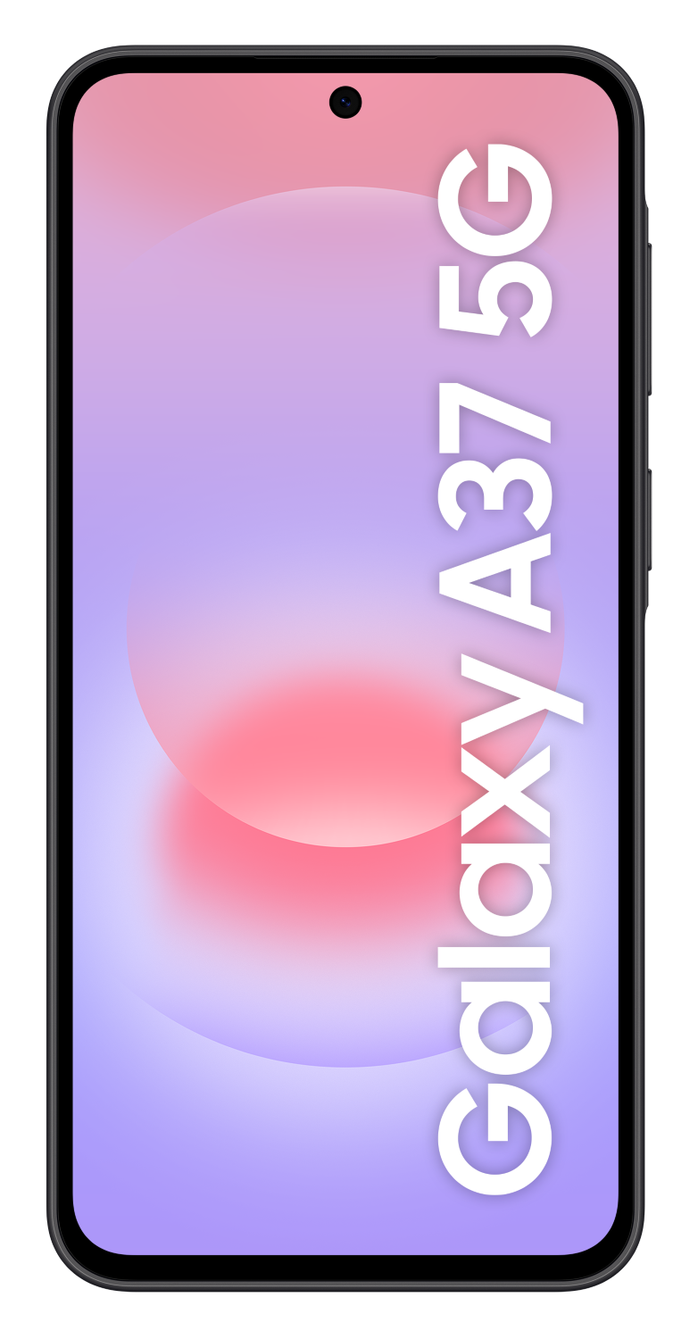 Smartfon z napisem "Galaxy A37 5G" na kolorowym tle z gradientem.