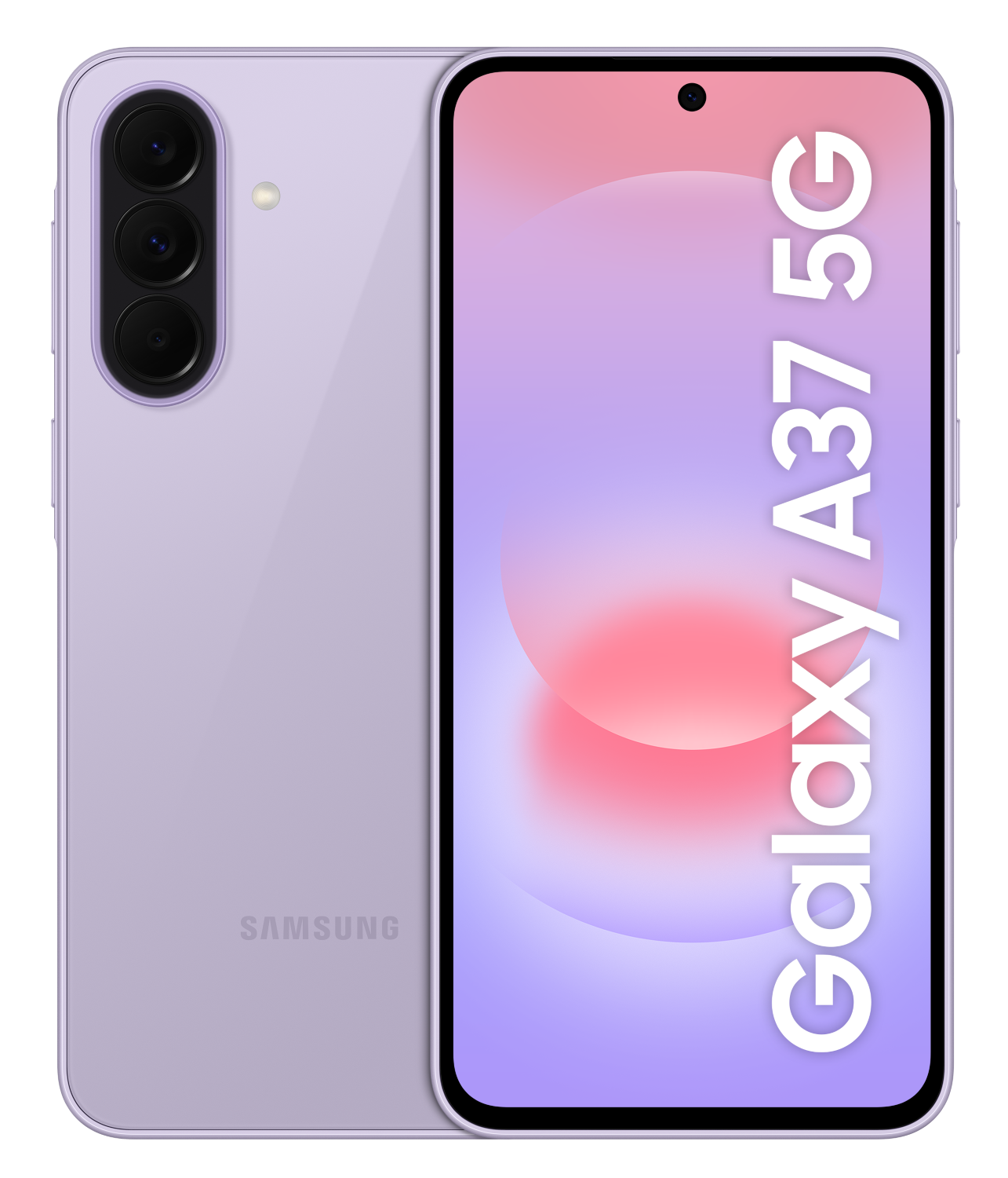 Fioletowy smartfon Samsung Galaxy A37 5G z trzema aparatami z tyłu.