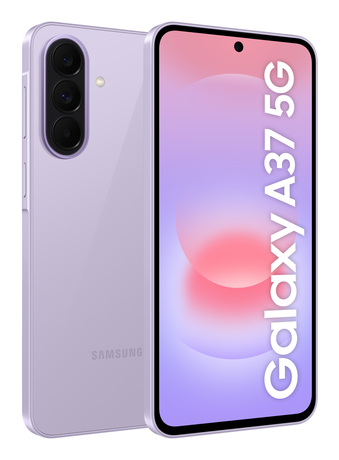 Fioletowy smartfon Samsung Galaxy A37 5G z trzema tylnymi kamerami.