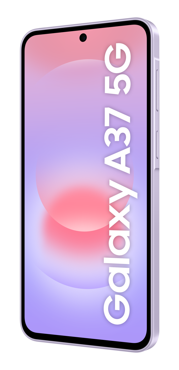 Srebrny telefon Samsung Galaxy A37 5G z różowo-fioletowym tłem.