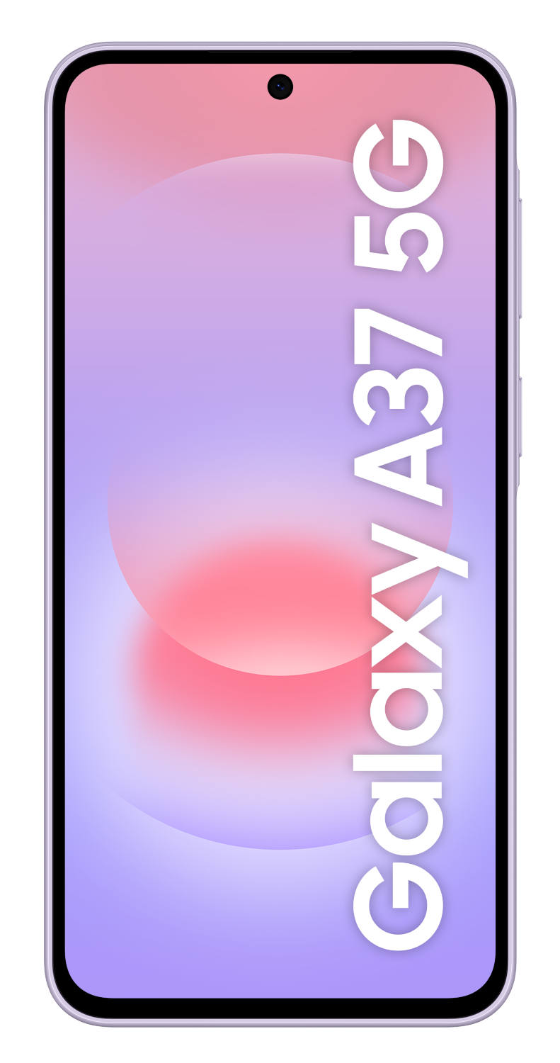 Smartfon Samsung Galaxy A37 5G z fioletowym tłem.