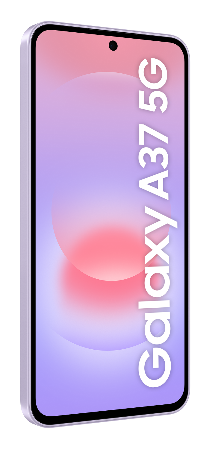 Smartfon Samsung Galaxy A37 5G z fioletową ramką i kolorowym tłem.