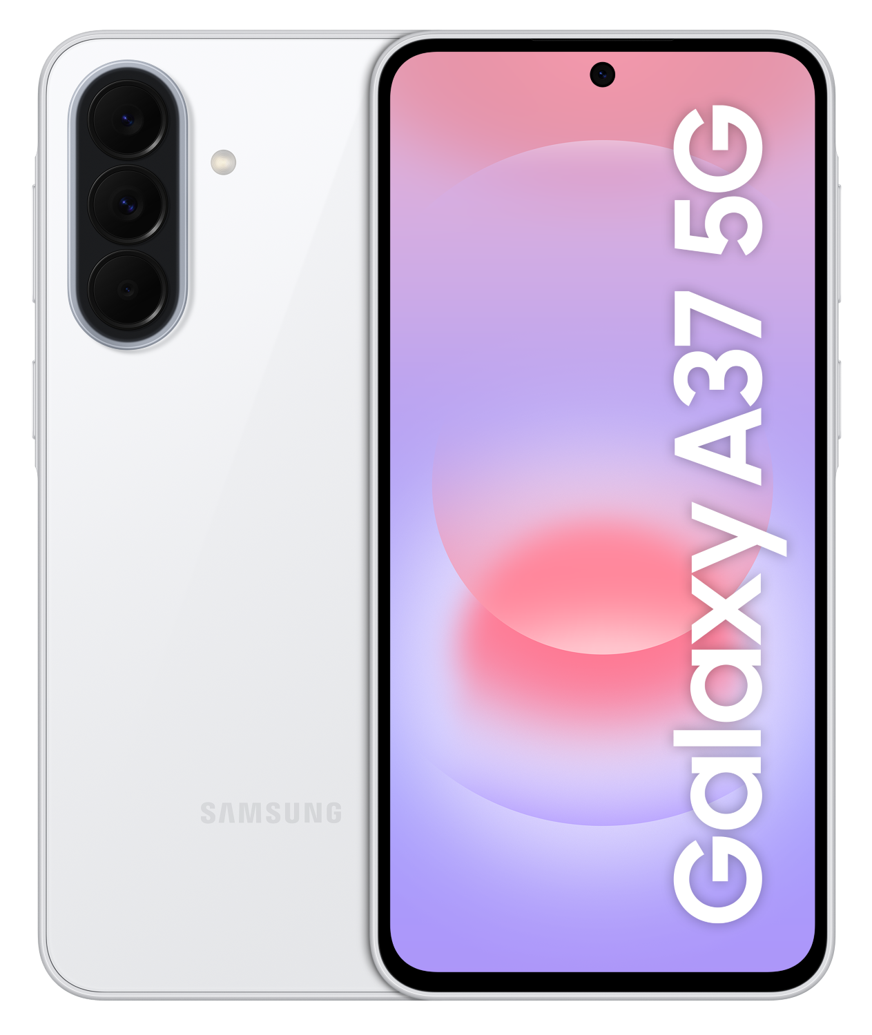 Biały Samsung Galaxy A37 5G z potrójnym aparatem z tyłu.