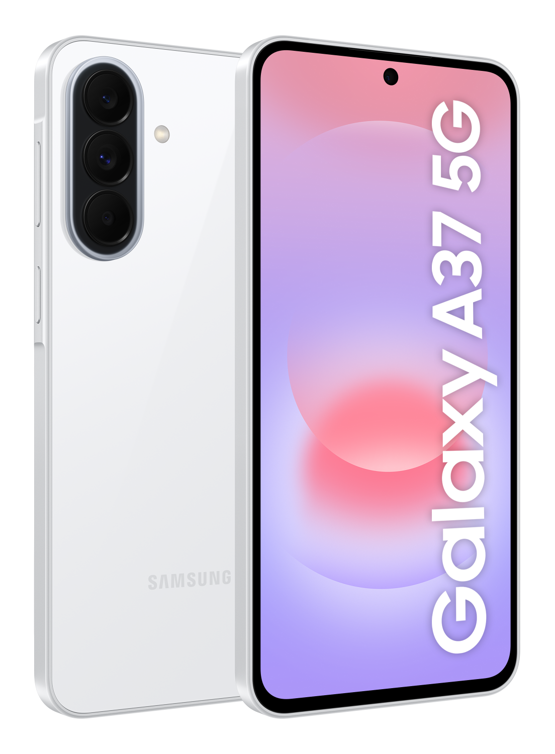 Biały smartfon Samsung Galaxy A37 5G z potrójnym aparatem z tyłu.