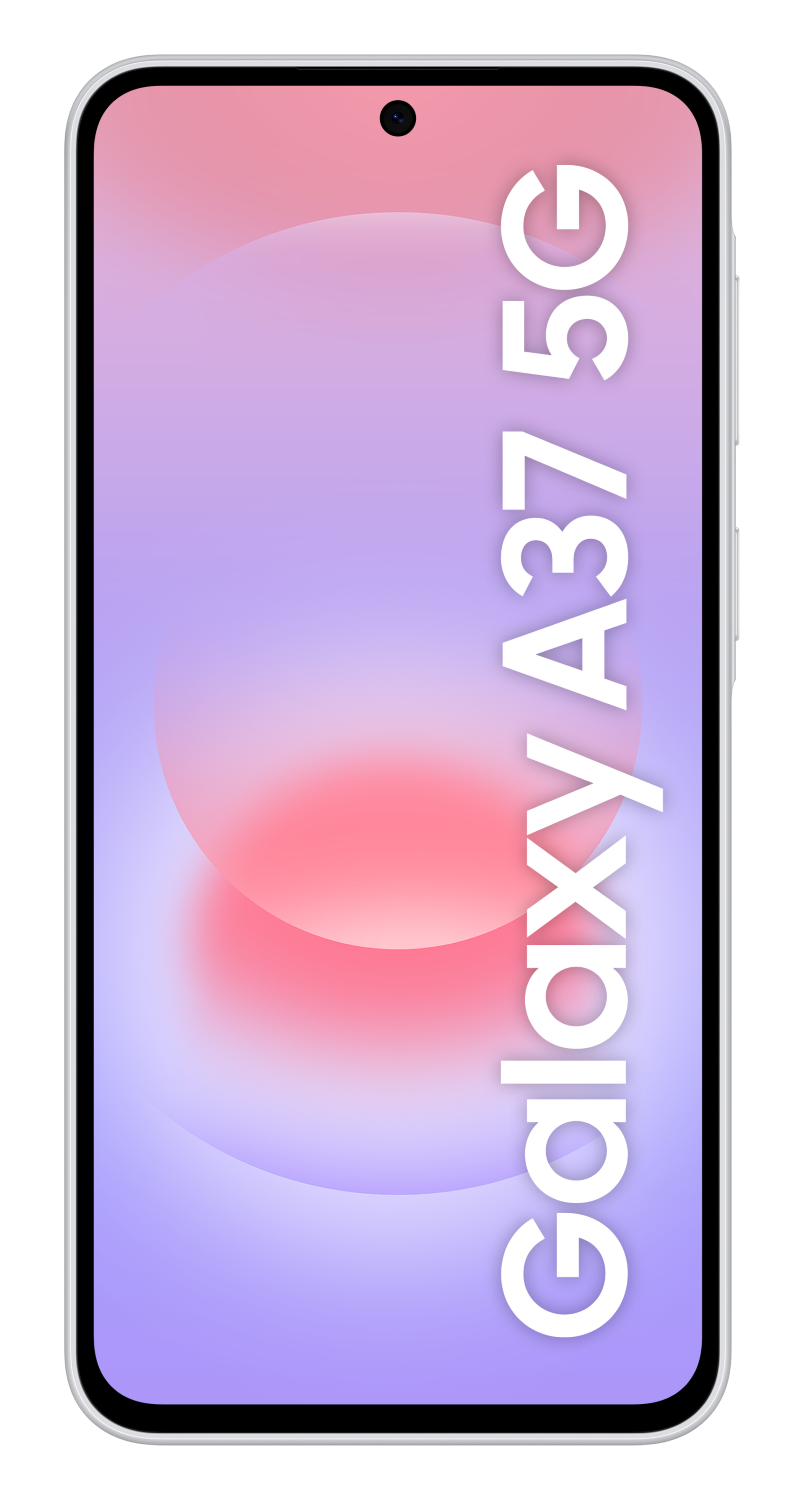 Smartfon z napisem Galaxy A37 5G na fioletowo-różowym tle.