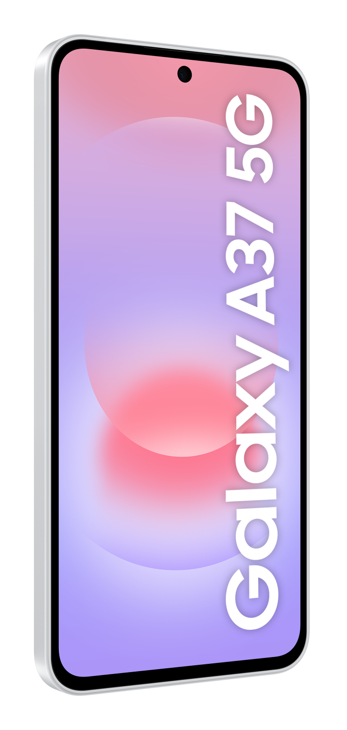 Biały smartfon z napisem "Galaxy A37 5G" na ekranie.
