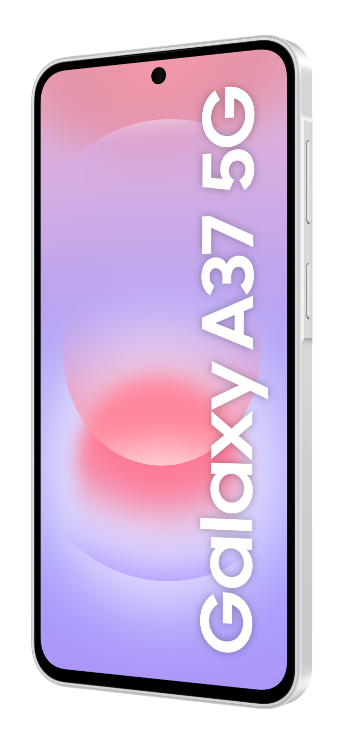 Srebrny smartfon z napisem 'Galaxy A37 5G' na ekranie.