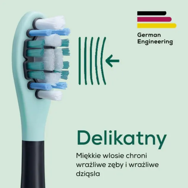 Zbliżenie na turkusową główkę szczoteczki do zębów z niebieskimi i białymi włoskami. Niemiecka flaga i tekst.