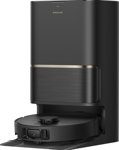 Czarny robot sprzątający ze stacją dokującą, marka DREAME.