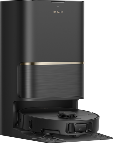 Czarny robot sprzątający Dreame zadokowany w stacji ładującej z akcentem z szczotkowanego metalu.