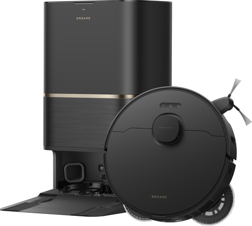 Czarny robot sprzątający Dreame i stacja ładująca.