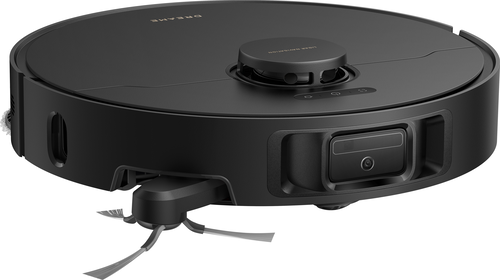 Czarny robot sprzątający z obrotowymi szczotkami i przednią kamerą.