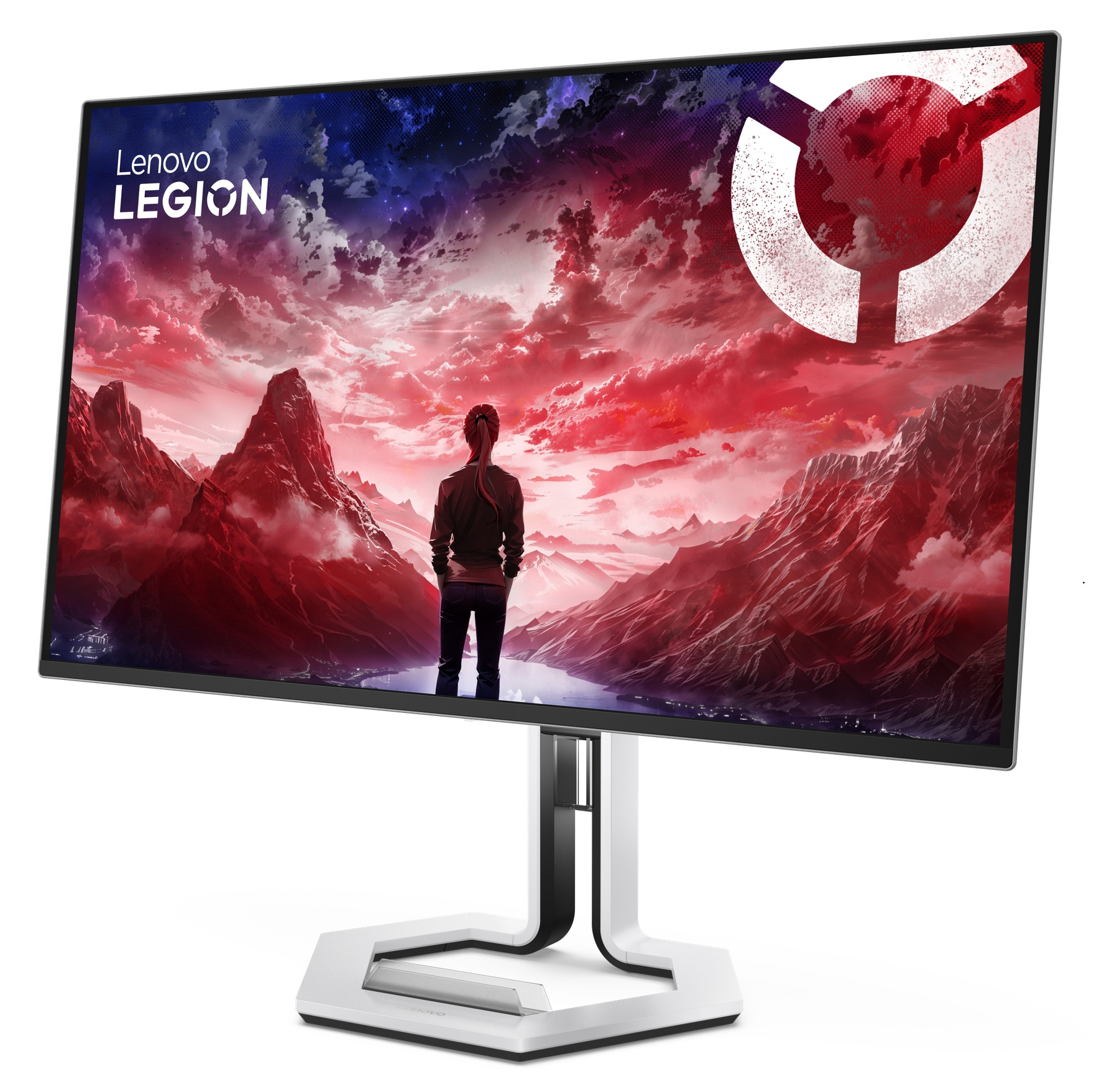 Osoba stoi przed górskim krajobrazem z czerwonym niebem i logo Lenovo Legion.