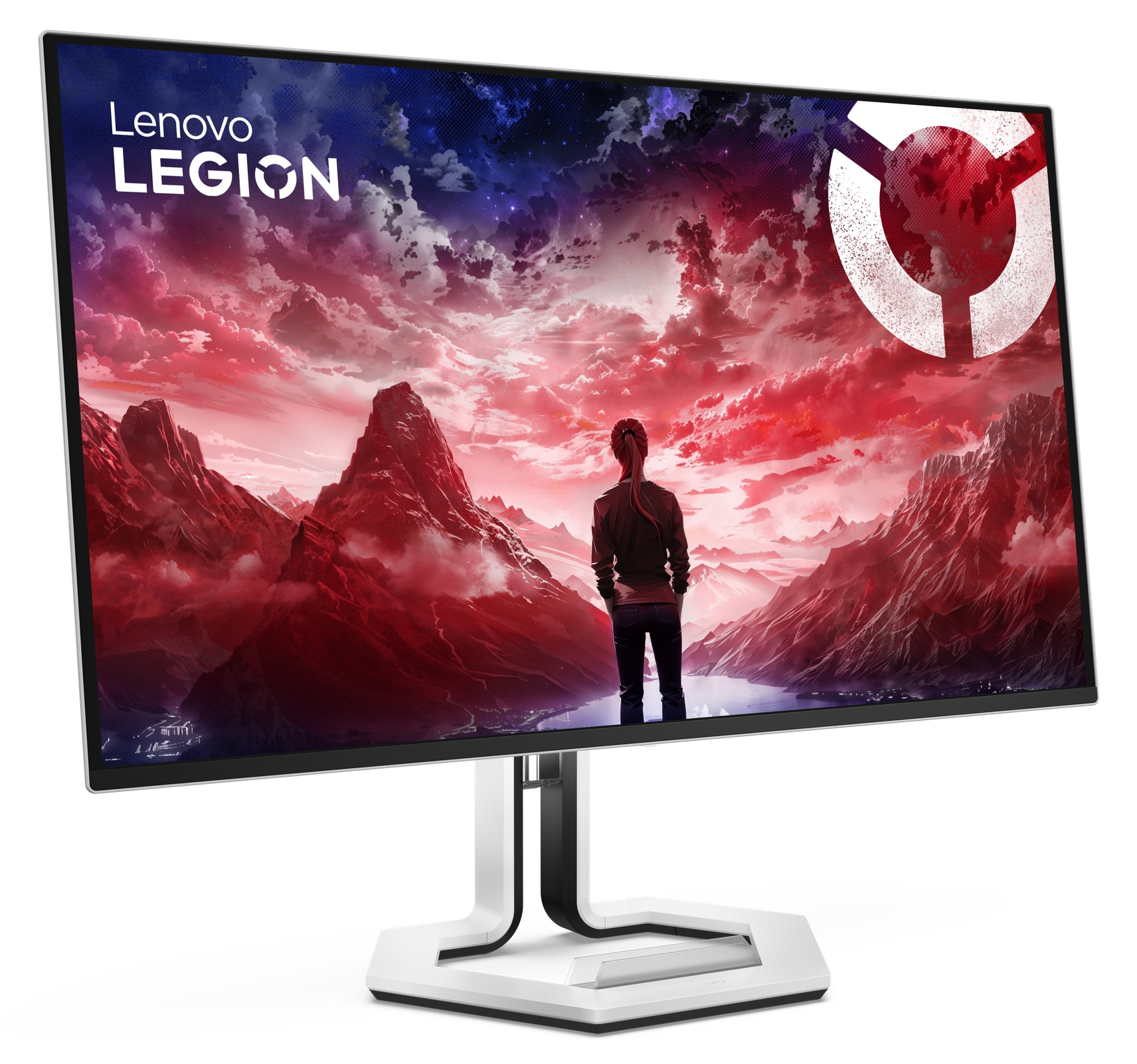 Mężczyzna z kucykiem patrzy na dramatyczny górski krajobraz pod czerwonym niebem.