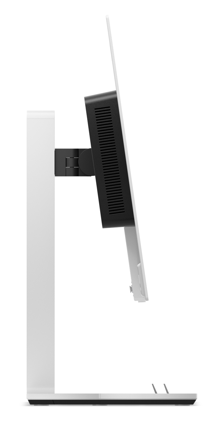 Widok z boku białego monitora z czarną ramką na białym tle.