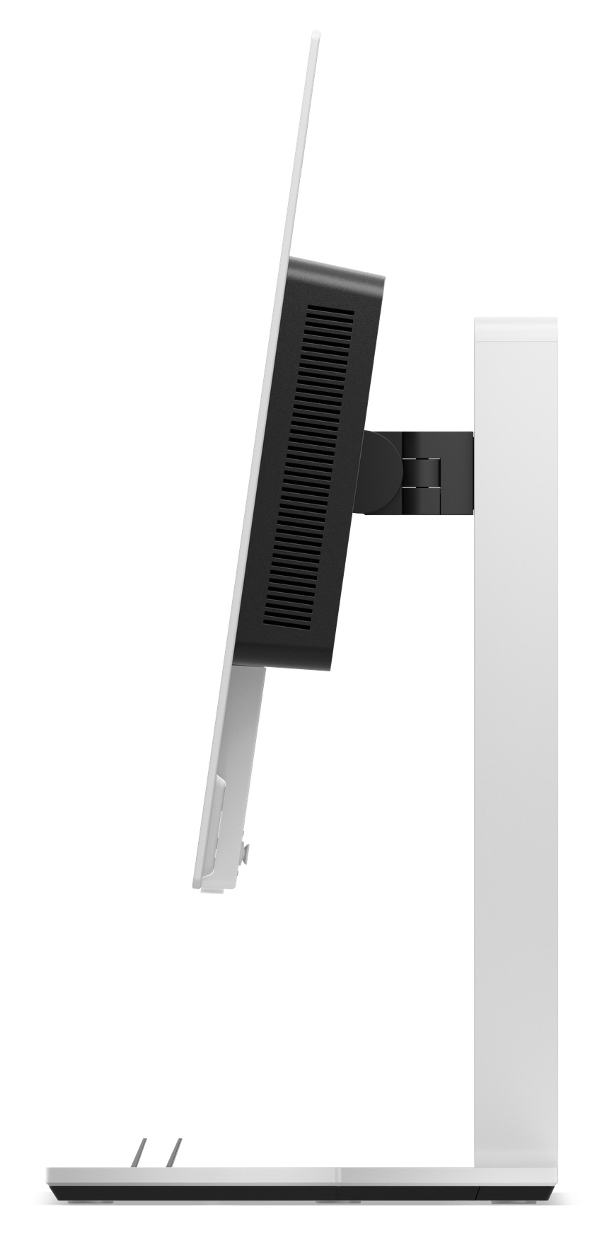 Widok z boku białego monitora z czarną kratką wentylacyjną i regulowanym ramieniem.