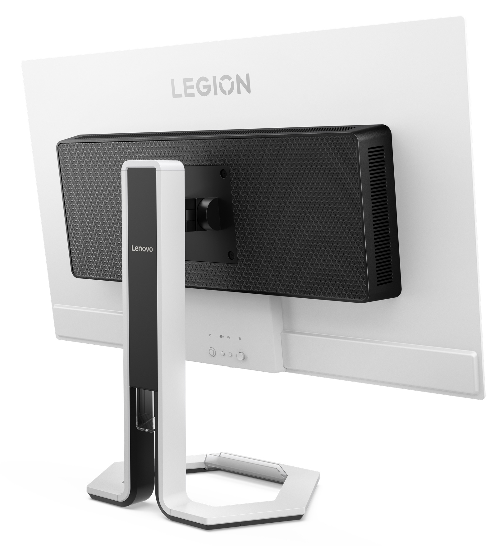 Tył białego monitora Lenovo Legion z czarnym stojakiem.