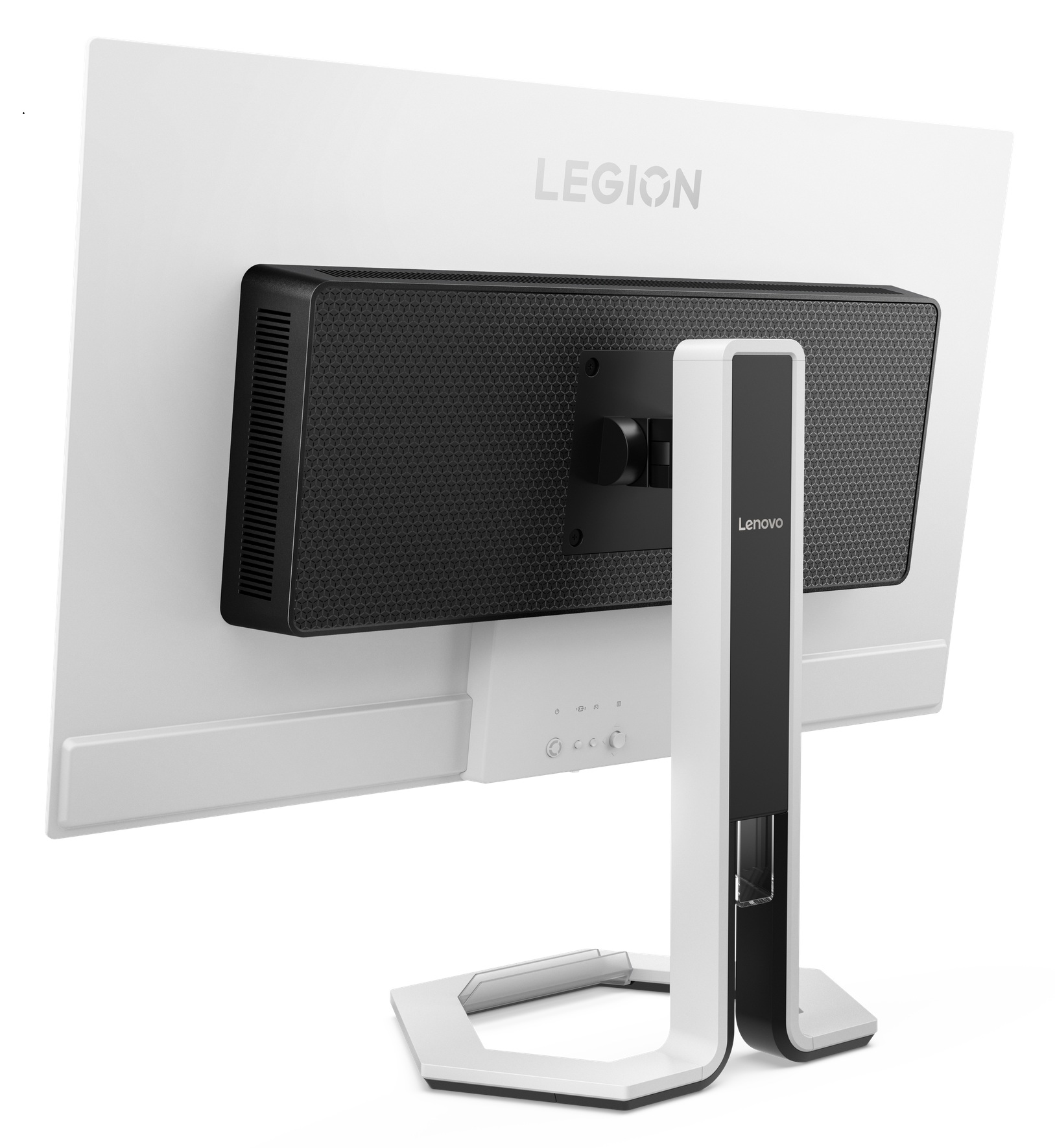 Tył białego monitora Lenovo Legion z czarnym wzorem plastra miodu.