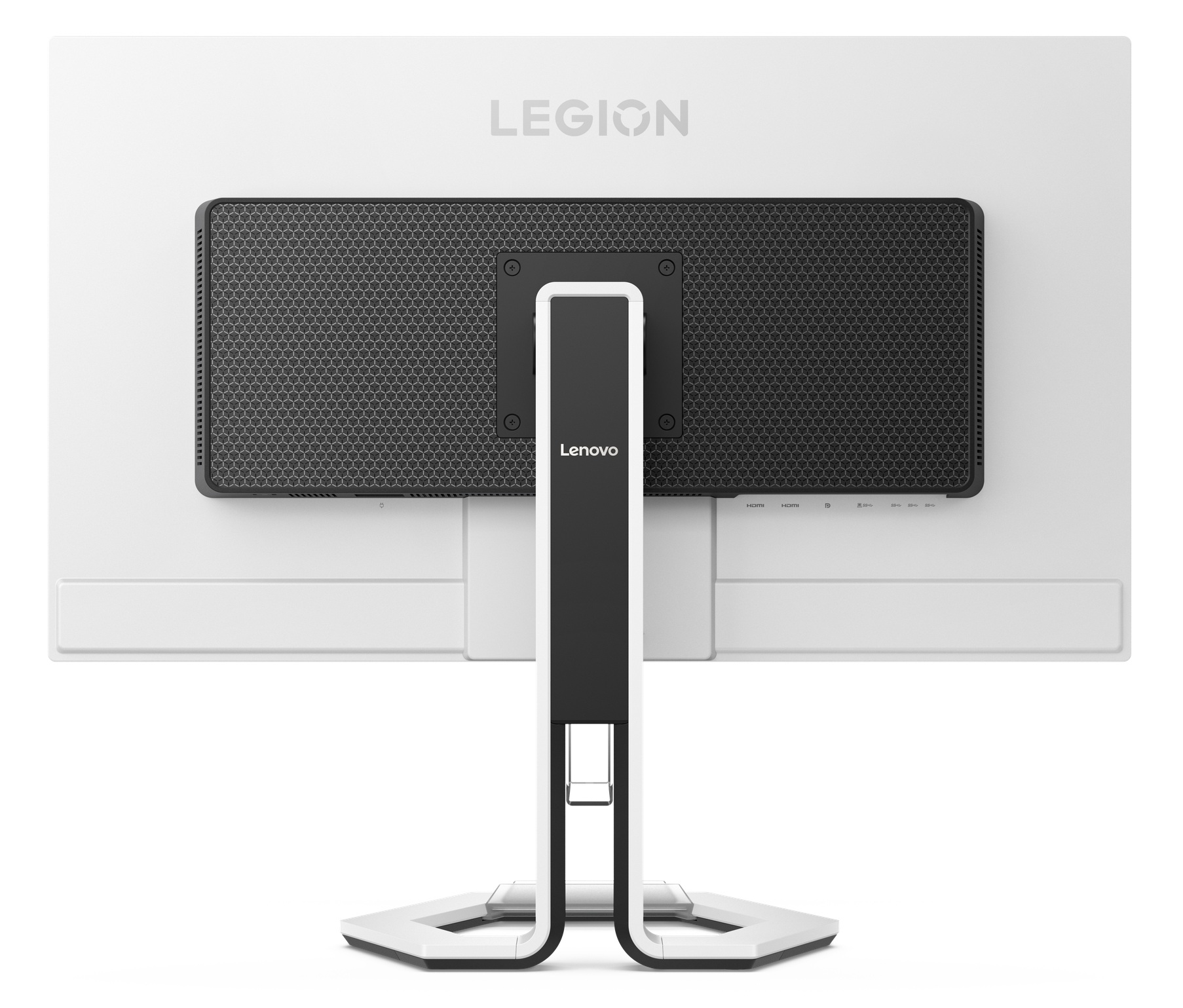 Tył białego monitora Lenovo Legion z czarnym panelem o strukturze plastra miodu i podstawą.