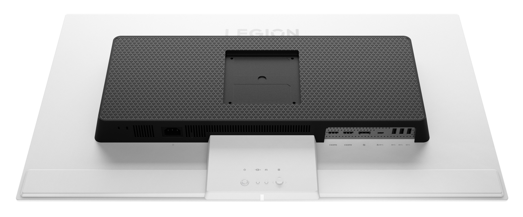 Tył monitora z portami i otworami wentylacyjnymi. Oznakowany 'Legion'.