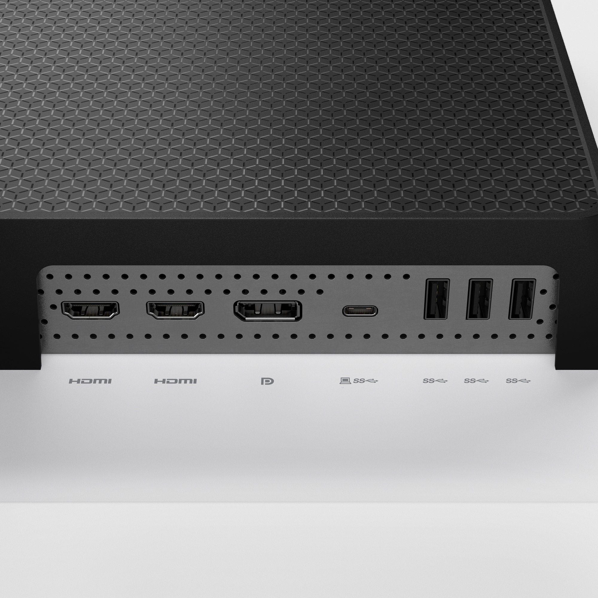 Tył czarnego urządzenia z portami: 2x HDMI, 1x USB-C, 3x USB-A.