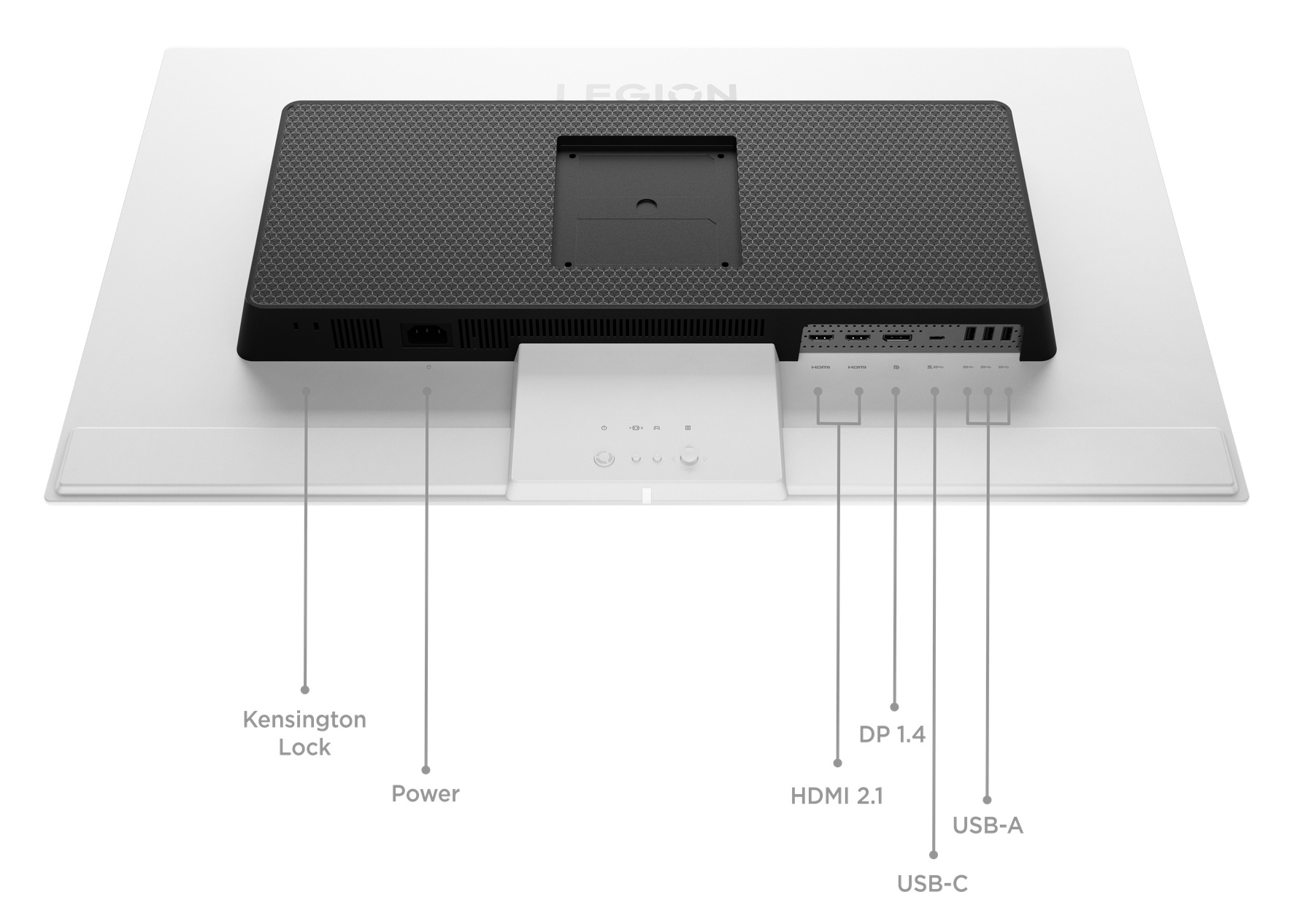 Tył monitora z portami zasilania, blokadą Kensington, HDMI, DP i USB.