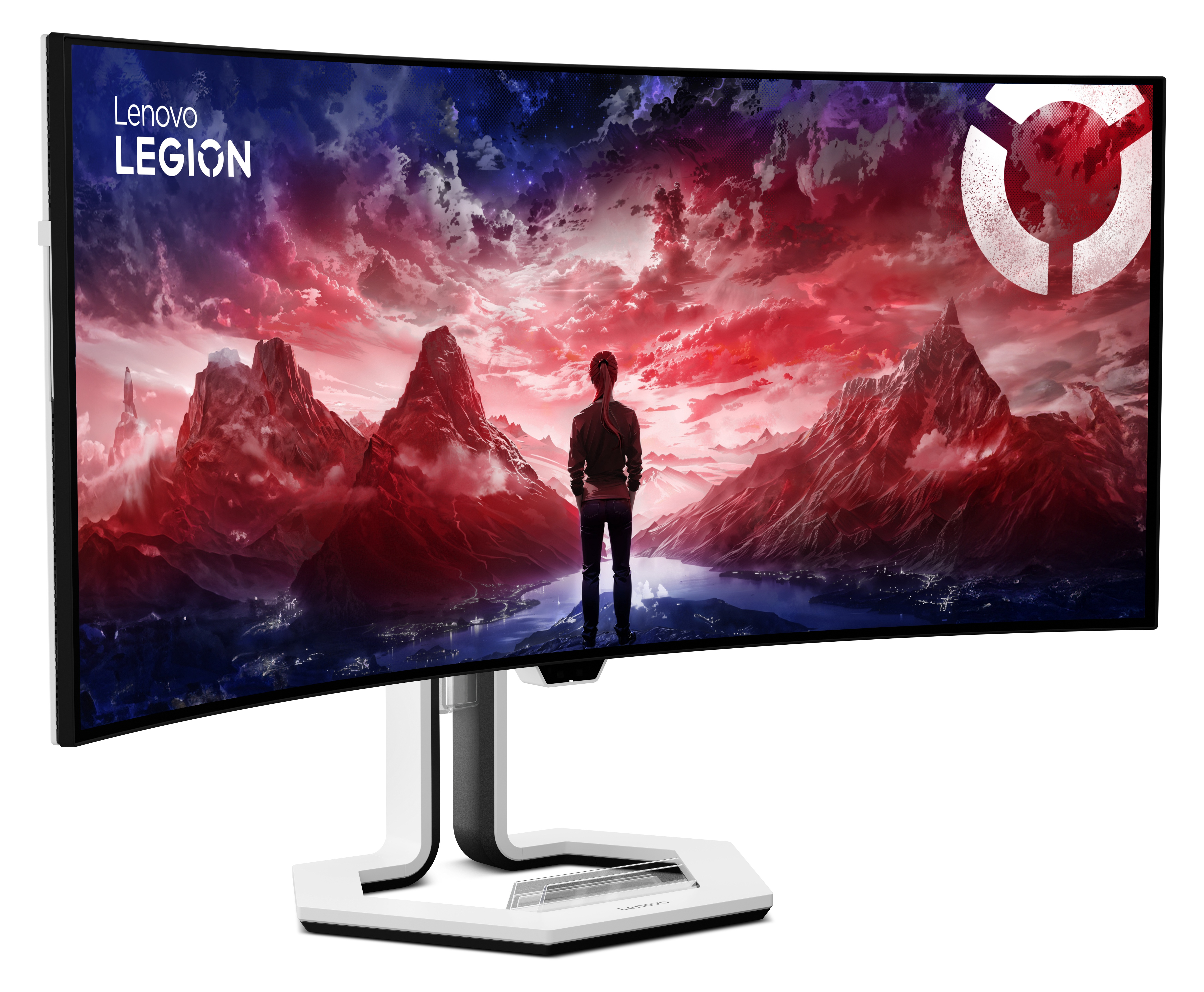 Zakrzywiony monitor pokazuje fantastyczny krajobraz z górami i dziewczyną.