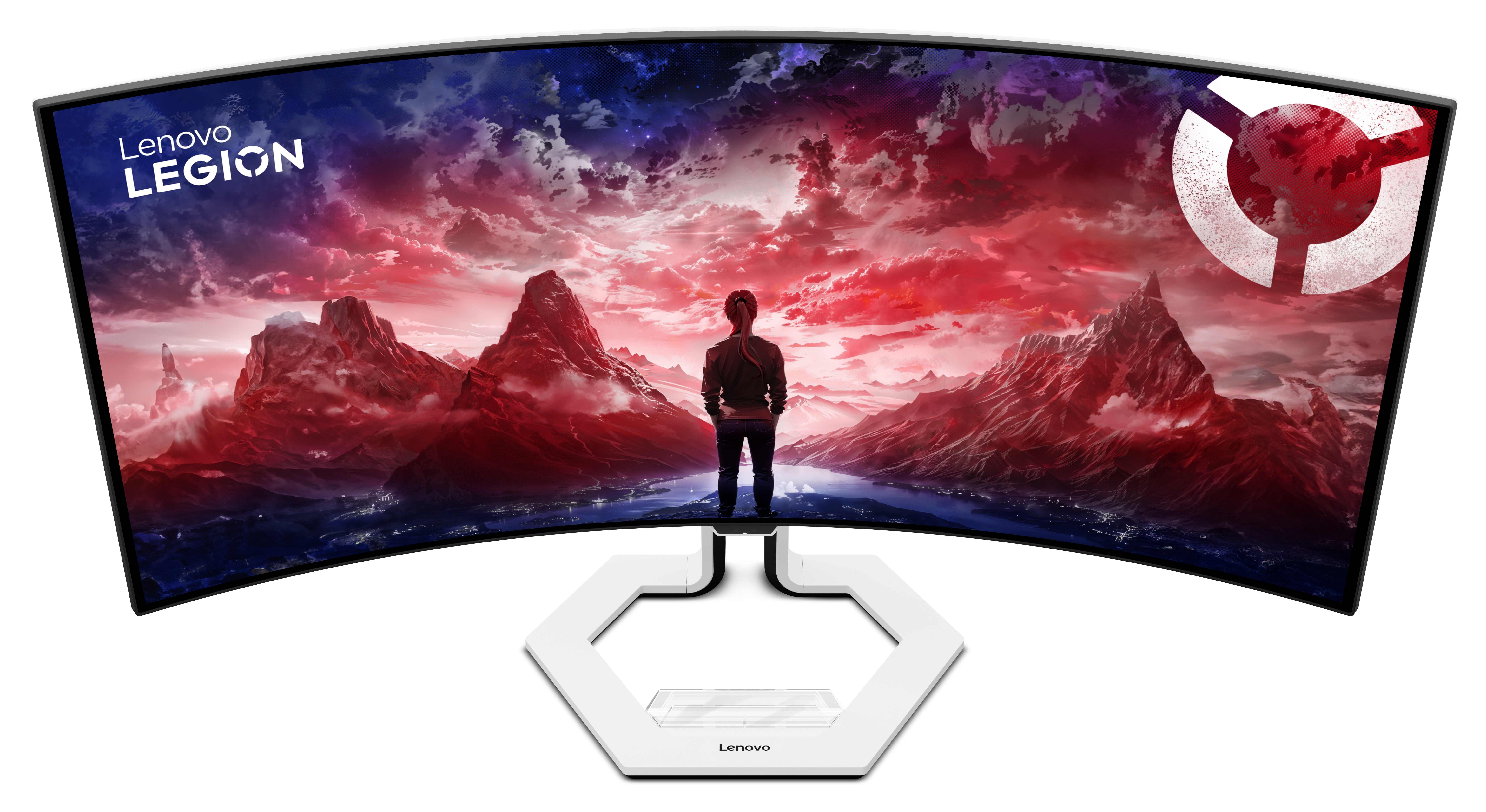 Mężczyzna stoi przed dużym zakrzywionym monitorem z dramatycznym krajobrazem.