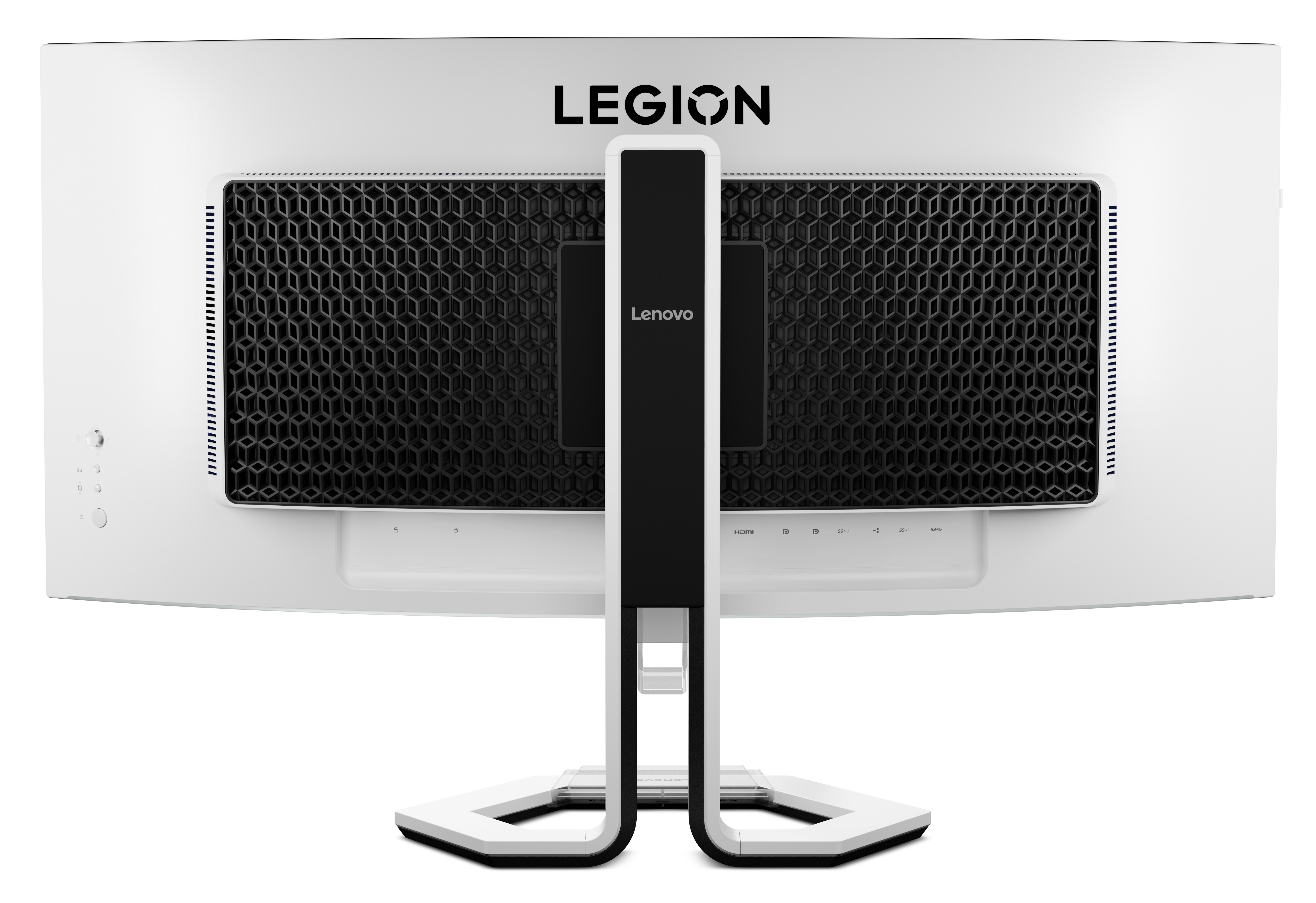 Tył białego monitora Lenovo Legion z czarną kratką i portami.