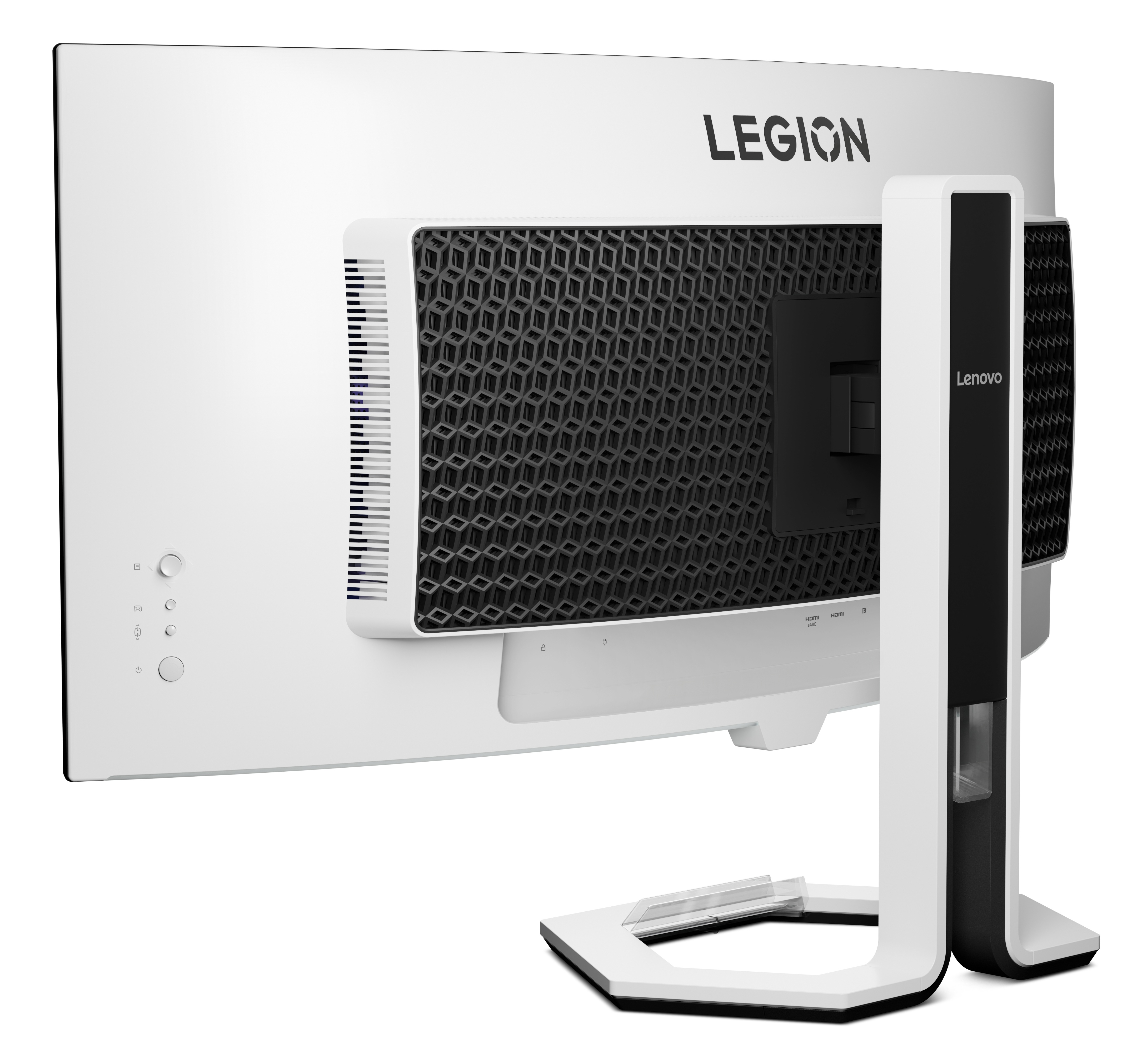 Tył białego monitora Lenovo Legion z czarną kratownicą i podstawą.