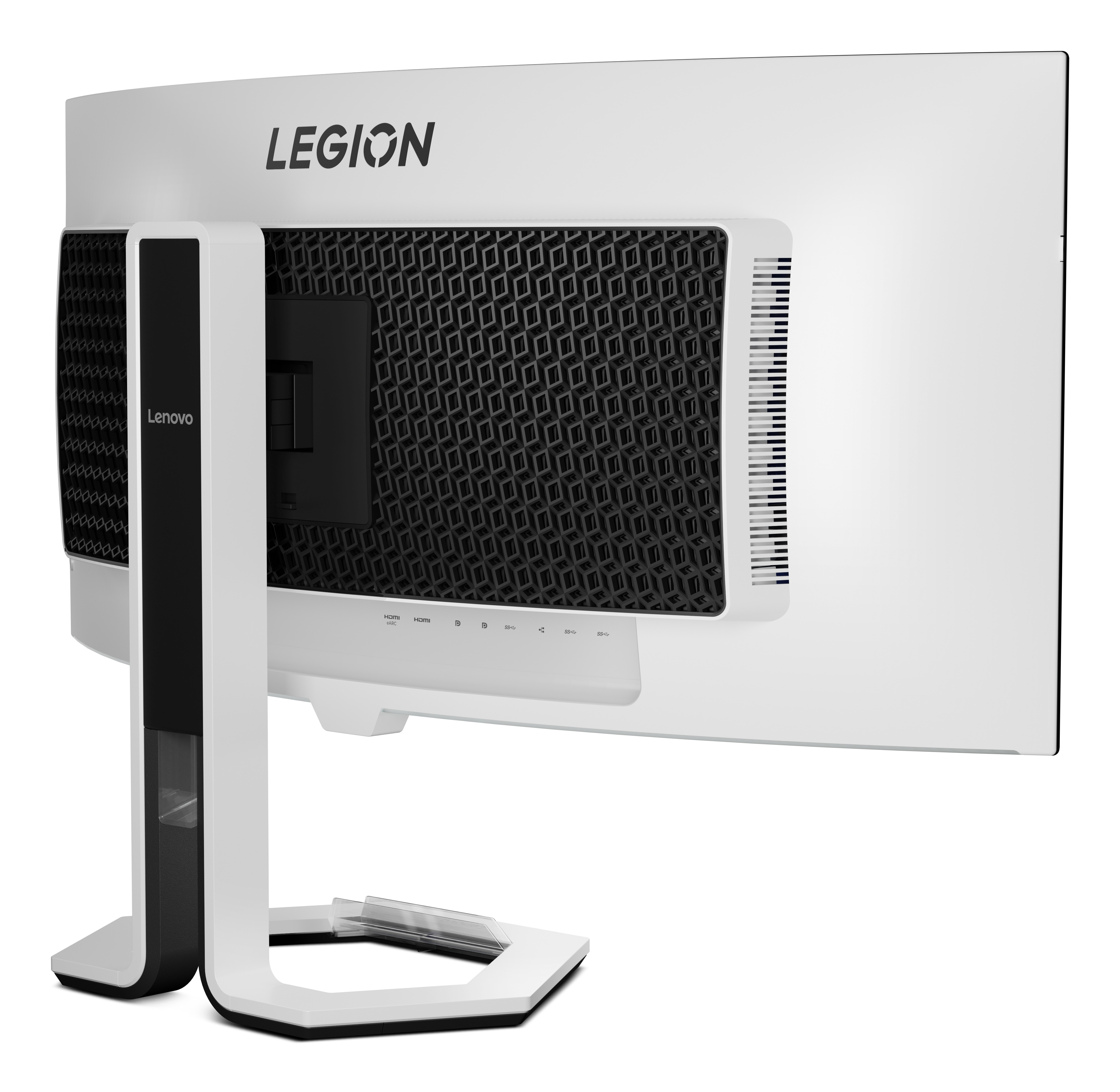 Tył białego monitora Lenovo Legion z portami HDMI i USB.