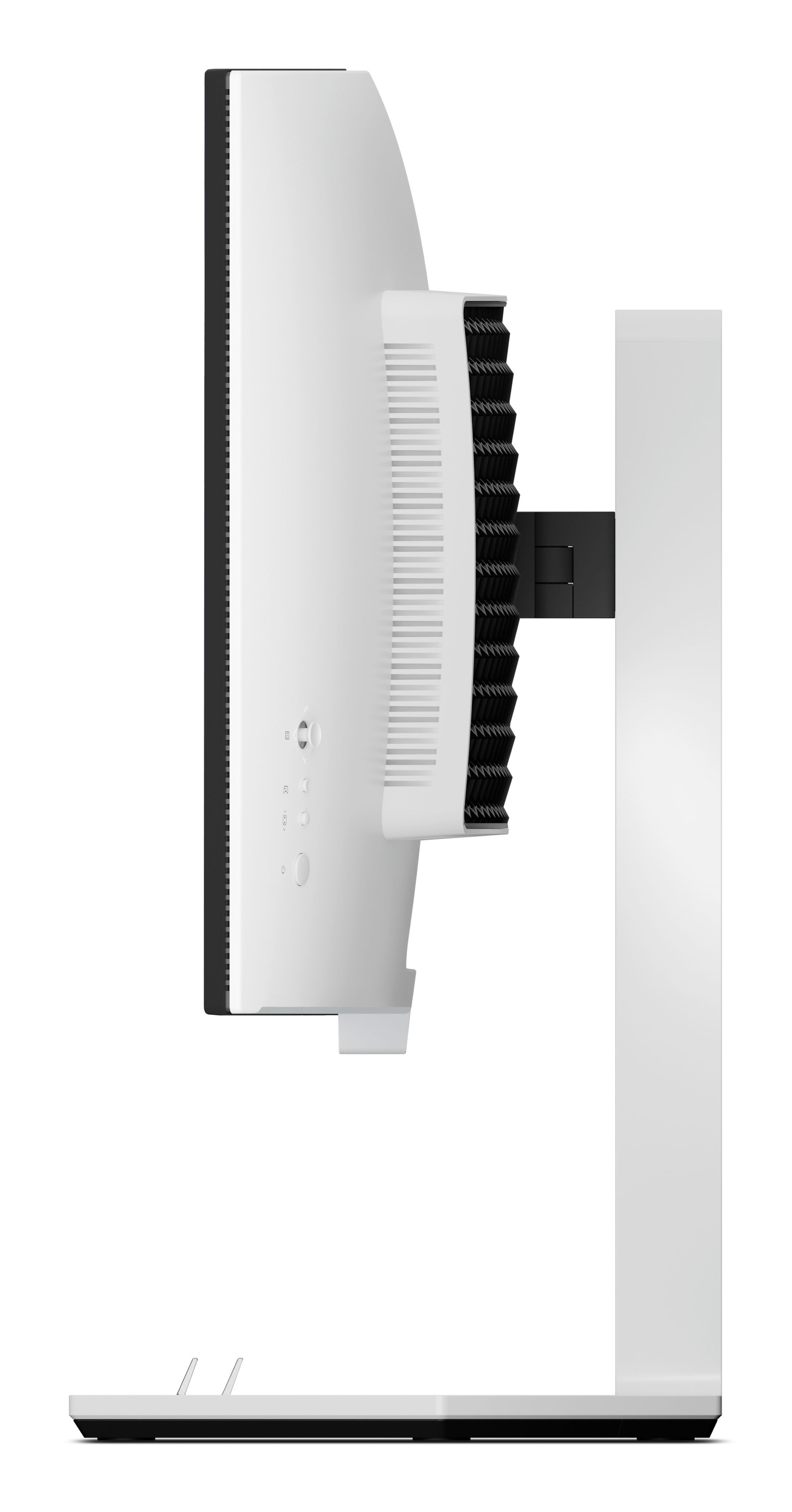 Biały monitor z czarną ramką i otworami wentylacyjnymi, widziany z boku.