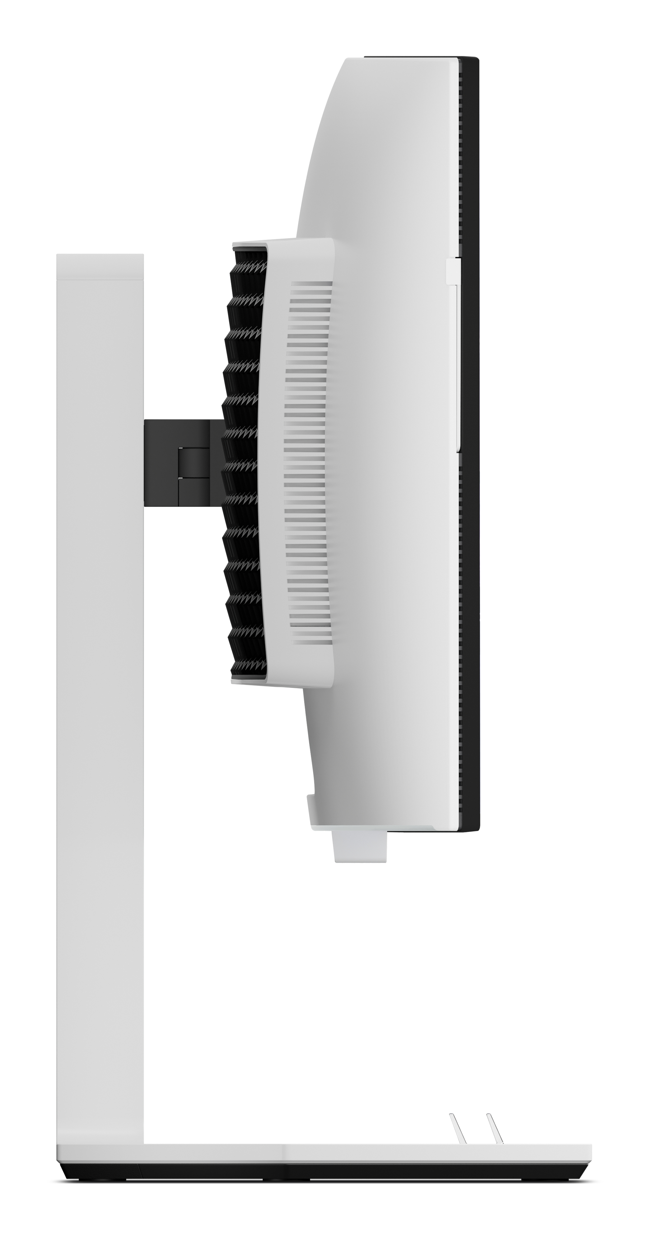 Widok z boku białego monitora z czarną podstawą i otworami wentylacyjnymi.