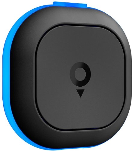 Czarny przycisk z niebieską krawędzią i symbolem koła/strzałki.