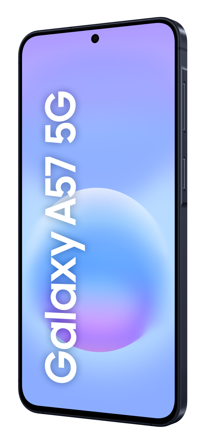 Ciemny smartfon z napisem Galaxy A57 5G na tle gradientu niebiesko-fioletowego.