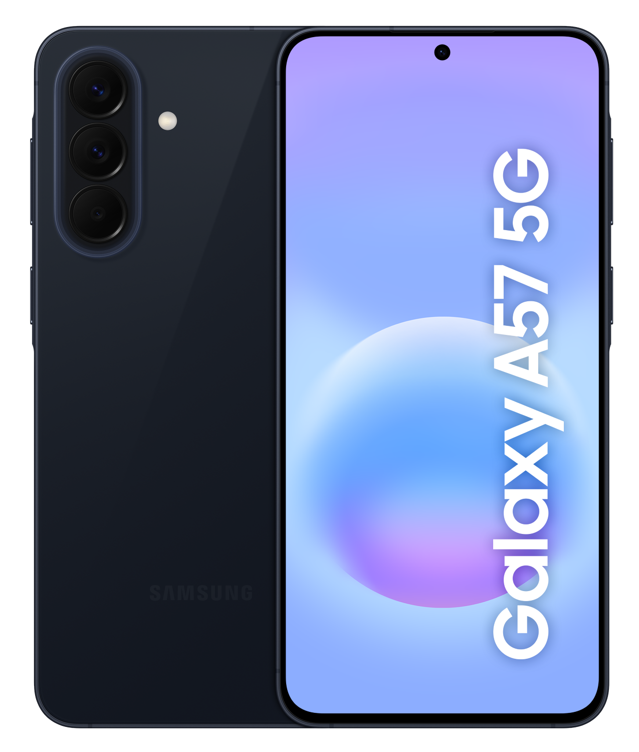 Ciemnoniebieski smartfon Samsung Galaxy A57 5G z potrójnym aparatem i lampą błyskową.