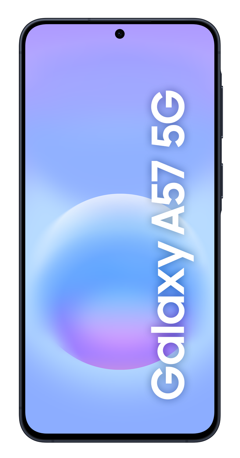 Czarny smartfon z tekstem 'Galaxy A57 5G' na niebiesko-fioletowym ekranie.