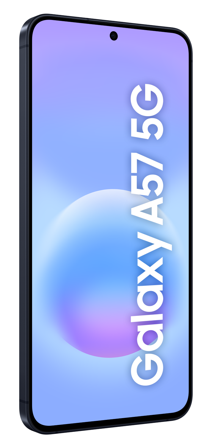 Ciemnoszary smartfon z napisem "Galaxy A57 5G" na ekranie.