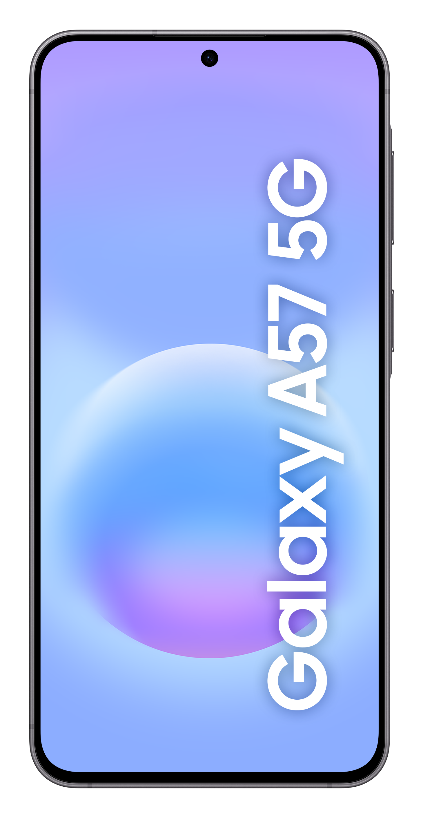 Smartfon z napisem "Galaxy A57 5G" na niebiesko-fioletowym tle.