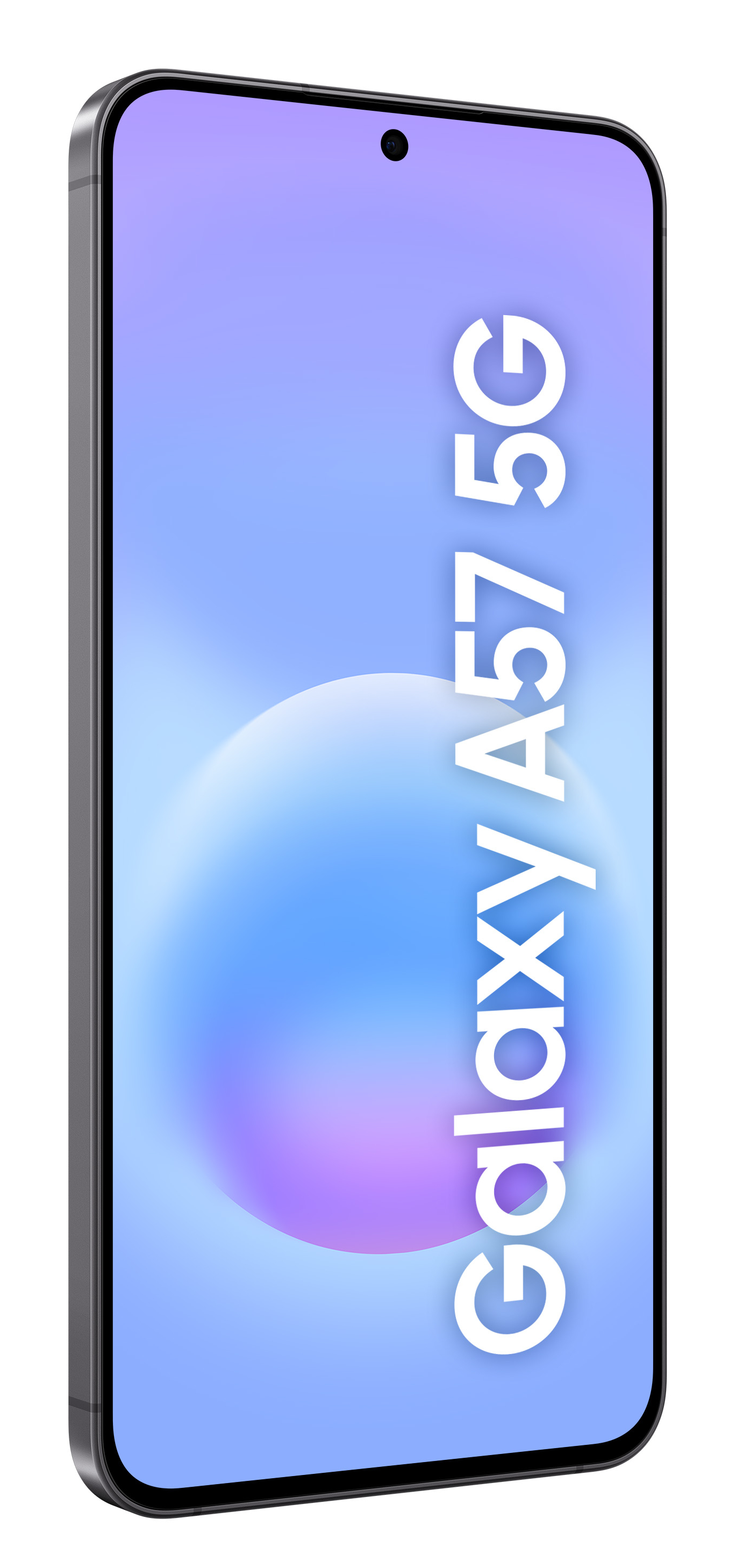 Szary smartfon Samsung Galaxy A57 5G z grafiką tła w kolorze fioletowym i niebieskim.